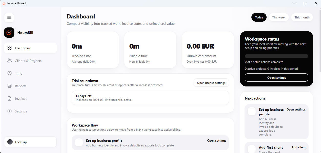 Hoursbill Dashboard on first launch, showing zeroed tracked time, billable time and uninvoiced amount cards, a 14-day trial countdown, and a Workspace flow checklist with Set up business profile and Add first client as next actions.