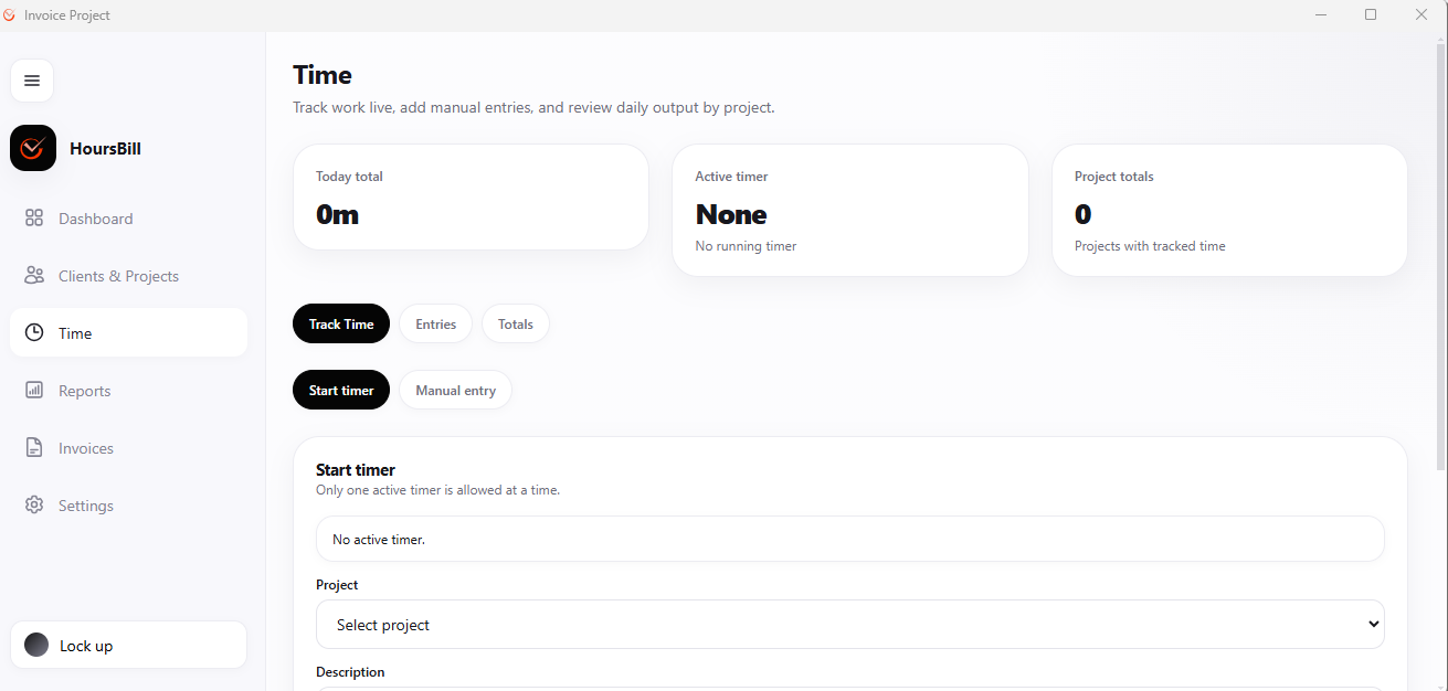 Hoursbill Time screen showing Today total, Active timer and Project totals cards, a Track Time tab with Entries and Totals sub-tabs, a Start timer and Manual entry toggle, and a project selector dropdown for starting a new timer.