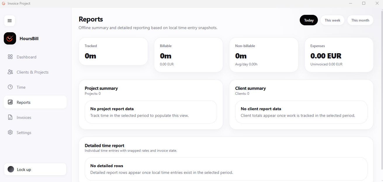 Hoursbill Reports screen showing offline totals for Tracked, Billable, Non-billable and Expenses, with Project summary and Client summary panels and a Detailed time report section below.