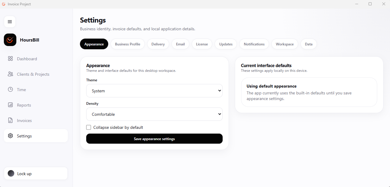 Hoursbill Settings screen with the Appearance tab active, showing a Theme dropdown set to System, a Density dropdown set to Comfortable, a Collapse sidebar by default checkbox, and a Save appearance settings button.