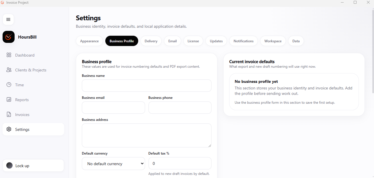 Hoursbill Settings screen with the Business Profile tab active, showing form fields for business name, email, phone, address, default currency, and default tax percentage.
