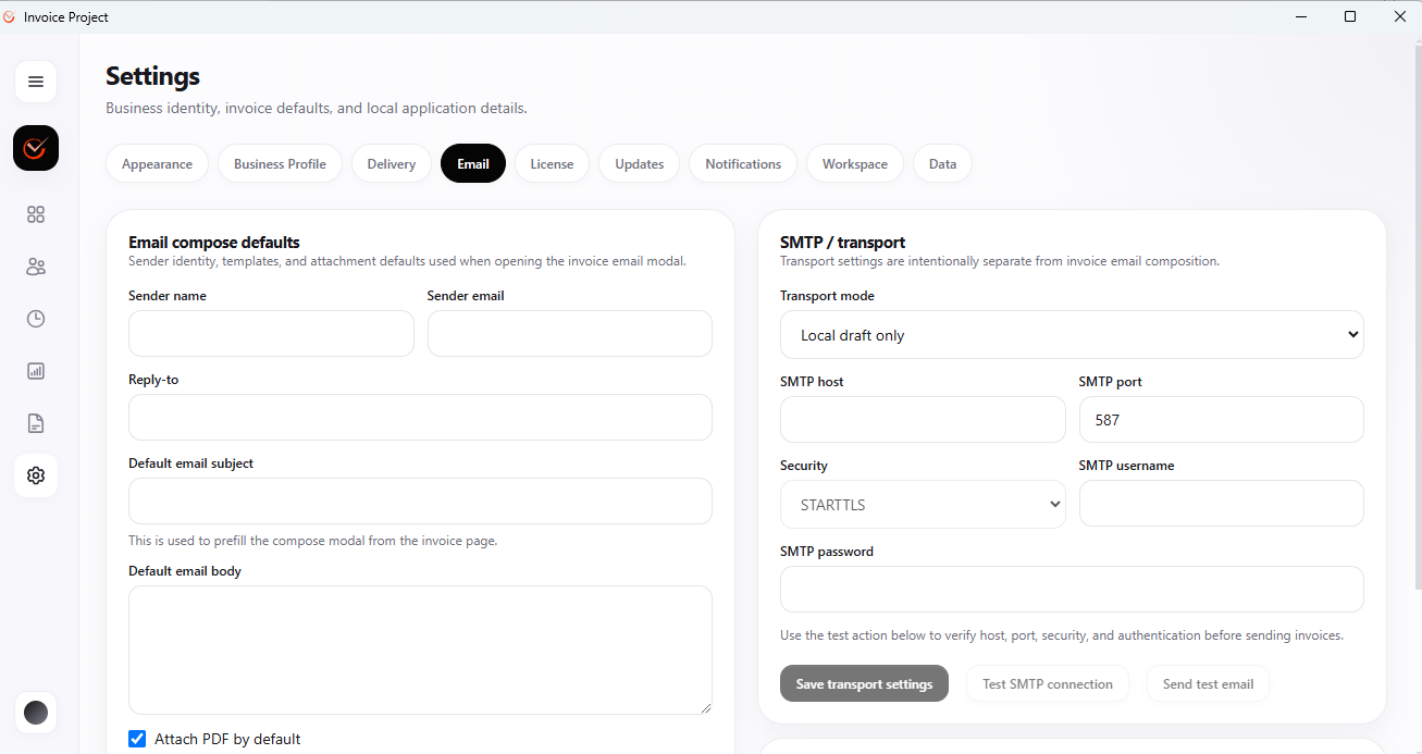 Hoursbill Settings screen with the Email tab active, showing the Email compose defaults panel on the left and the SMTP transport panel on the right, including Transport mode, SMTP host, port, security, username, password and test buttons.